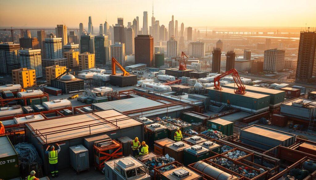A bustling city skyline at golden hour, with a focus on a waste management facility in the foreground. In the middle ground, workers in high-visibility uniforms operate specialized equipment like trash compactors and recycling sorters. The background features a diverse range of waste management career opportunities, from administrative roles to engineering and sustainability positions. The scene is bathed in warm, diffused lighting that casts long shadows, conveying a sense of purpose and dynamic activity in the waste management industry. A bustling city skyline at golden hour, with a focus on a waste management facility in the foreground. In the middle ground, workers in high-visibility uniforms operate specialized equipment like trash compactors and recycling sorters. The background features a diverse range of waste management career opportunities, from administrative roles to engineering and sustainability positions. The scene is bathed in warm, diffused lighting that casts long shadows, conveying a sense of purpose and dynamic activity in the waste management industry.