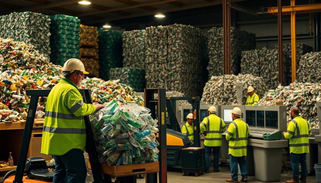 A bustling waste management facility with workers in high-visibility green uniforms and safety gear, operating various recycling machinery and sorting equipment against a backdrop of towering stacks of sorted recyclables. The scene is well-lit by warm, natural lighting, conveying a sense of efficiency and environmental consciousness. In the foreground, a worker is carefully loading a bale of crushed plastic bottles onto a forklift, while in the middle ground, others are monitoring control panels and maintaining the steady flow of materials through the facility. The overall atmosphere exudes a purposeful, sustainable energy, reflecting the importance of green jobs in the waste management industry. A bustling waste management facility with workers in high-visibility green uniforms and safety gear, operating various recycling machinery and sorting equipment against a backdrop of towering stacks of sorted recyclables. The scene is well-lit by warm, natural lighting, conveying a sense of efficiency and environmental consciousness. In the foreground, a worker is carefully loading a bale of crushed plastic bottles onto a forklift, while in the middle ground, others are monitoring control panels and maintaining the steady flow of materials through the facility. The overall atmosphere exudes a purposeful, sustainable energy, reflecting the importance of green jobs in the waste management industry.