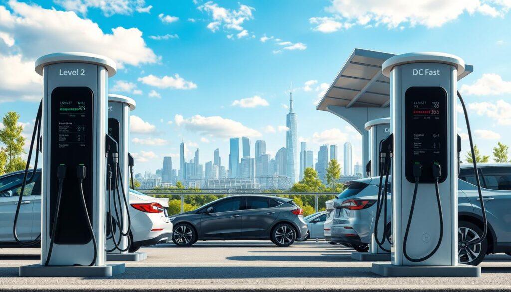 A detailed illustration of an EV charging ecosystem, showcasing various charging stations with both Level 2 and DC Fast chargers prominently in the foreground. The scene should include diverse EV models charging, with visible connectors and user interfaces displaying charging standards. In the middle ground, add a sleek urban setting with solar panels, smart grid technology, and electric vehicles parked nearby, emphasizing interconnectedness. The background should depict a vibrant city skyline, symbolizing future advancements in transportation. The lighting should be bright and optimistic, with a blue sky and soft clouds, conveying a sense of innovation and progress. Capture the scene from a slightly elevated angle to provide depth, focusing on the harmonious integration of technology and environment. A detailed illustration of an EV charging ecosystem, showcasing various charging stations with both Level 2 and DC Fast chargers prominently in the foreground. The scene should include diverse EV models charging, with visible connectors and user interfaces displaying charging standards. In the middle ground, add a sleek urban setting with solar panels, smart grid technology, and electric vehicles parked nearby, emphasizing interconnectedness. The background should depict a vibrant city skyline, symbolizing future advancements in transportation. The lighting should be bright and optimistic, with a blue sky and soft clouds, conveying a sense of innovation and progress. Capture the scene from a slightly elevated angle to provide depth, focusing on the harmonious integration of technology and environment.