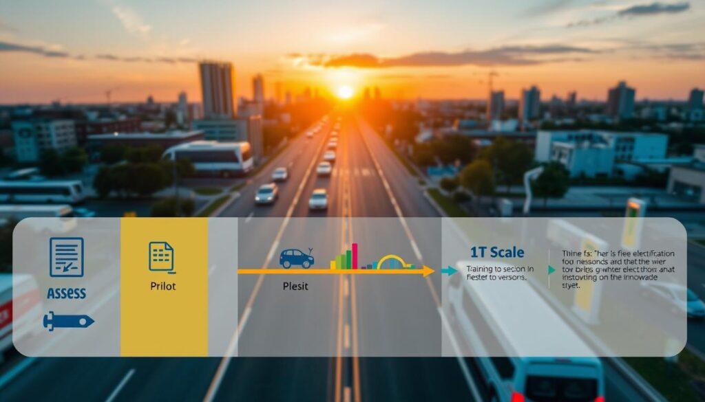 A detailed roadmap illustrating the fleet electrification transition, showcasing a multi-layered diagram. In the foreground, visually distinct sections labeled "Assess," "Pilot," "Scale," and "Train," represented by icons such as a checklist, a small electric vehicle, a scaling graph, and a training session. The middle layer features colorful arrows connecting these sections, symbolizing progression and flow. In the background, a cityscape with electric vehicles and charging stations, illuminated by a soft sunset glow to create a hopeful ambiance. Aerial perspective with a slight tilt for dynamic composition. The mood is optimistic, highlighting innovation in the electric vehicle sector. The lighting is warm and inviting, enhancing an engaging visual experience for readers. A detailed roadmap illustrating the fleet electrification transition, showcasing a multi-layered diagram. In the foreground, visually distinct sections labeled "Assess," "Pilot," "Scale," and "Train," represented by icons such as a checklist, a small electric vehicle, a scaling graph, and a training session. The middle layer features colorful arrows connecting these sections, symbolizing progression and flow. In the background, a cityscape with electric vehicles and charging stations, illuminated by a soft sunset glow to create a hopeful ambiance. Aerial perspective with a slight tilt for dynamic composition. The mood is optimistic, highlighting innovation in the electric vehicle sector. The lighting is warm and inviting, enhancing an engaging visual experience for readers.