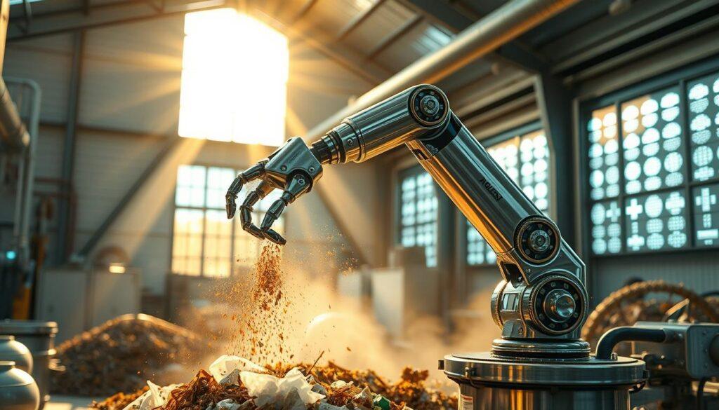A gleaming robotic arm gracefully manipulates waste materials, its movements choreographed by a network of sensors and algorithms. In the background, a futuristic waste processing facility hums with activity, its sleek architecture and glowing panels a testament to innovative design. Sunlight streams in through large windows, illuminating the scene with a warm, inviting glow. The overall atmosphere conveys a sense of effortless efficiency and environmental stewardship, showcasing the potential of cutting-edge waste management technologies.