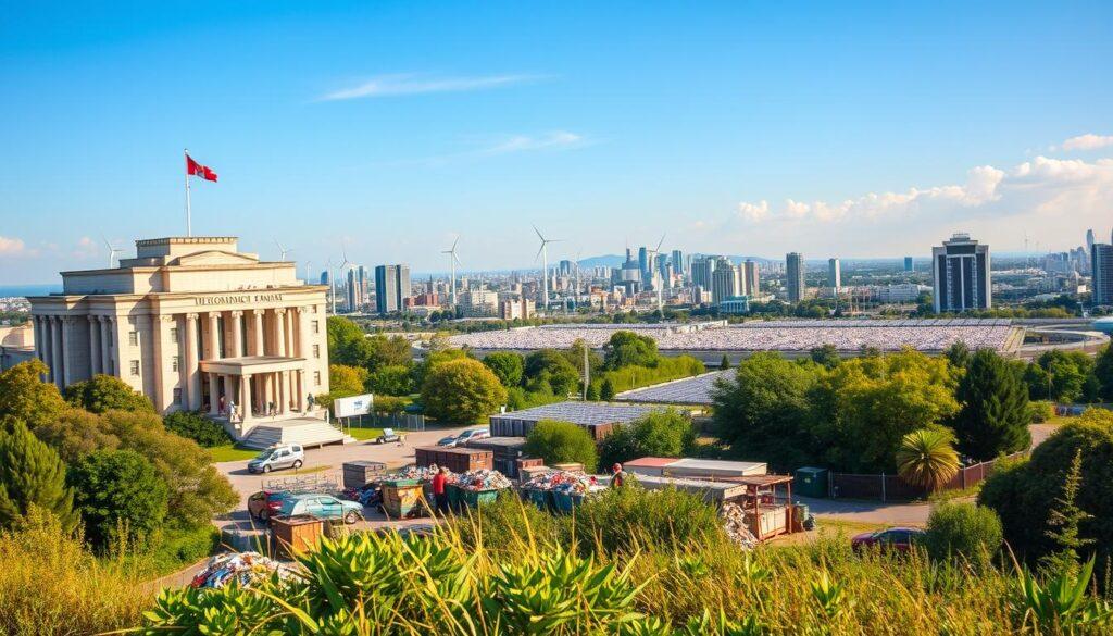 A government building surrounded by a vibrant, eco-friendly landscape. In the foreground, a team of workers implementing waste reduction initiatives, sorting and recycling materials. The middle ground showcases a modern recycling plant, its efficient machinery in full operation. In the background, a sprawling urban skyline, with solar panels and wind turbines dotting the horizon, signifying a commitment to sustainability. The scene is bathed in warm, natural lighting, conveying a sense of progress and environmental stewardship. The overall atmosphere is one of purposeful collaboration and a shared vision for a greener future.
