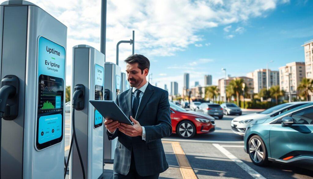 A modern EV charging station is the focal point, with sleek charging units displaying real-time uptime data on digital screens. In the foreground, a professional technician in business attire monitors a tablet, analyzing performance metrics and connectivity status. The middle ground features a bustling cityscape with electric vehicles parked and charging, showcasing diversity in car design and color. In the background, a clear blue sky with soft cloud cover enhances the atmosphere of innovation. The scene is illuminated by natural daylight, casting soft shadows that create depth. Use a wide-angle lens for a dynamic perspective, emphasizing the importance of uptime monitoring in smart EV charging networks. The mood is one of efficiency, progress, and technological advancement. A modern EV charging station is the focal point, with sleek charging units displaying real-time uptime data on digital screens. In the foreground, a professional technician in business attire monitors a tablet, analyzing performance metrics and connectivity status. The middle ground features a bustling cityscape with electric vehicles parked and charging, showcasing diversity in car design and color. In the background, a clear blue sky with soft cloud cover enhances the atmosphere of innovation. The scene is illuminated by natural daylight, casting soft shadows that create depth. Use a wide-angle lens for a dynamic perspective, emphasizing the importance of uptime monitoring in smart EV charging networks. The mood is one of efficiency, progress, and technological advancement.