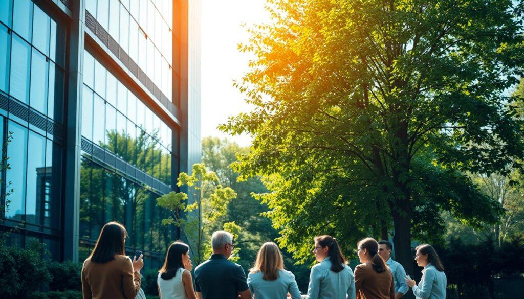 A modern corporate office building with sleek glass and steel facades, set against a backdrop of lush green foliage. In the foreground, a group of employees engaged in a meeting, discussing strategies for waste reduction and environmental sustainability. The lighting is warm and natural, casting a gentle glow on the scene. The perspective is slightly elevated, providing a panoramic view of the building and its surroundings. The overall mood is one of thoughtful collaboration, with a focus on innovative approaches to corporate waste management.