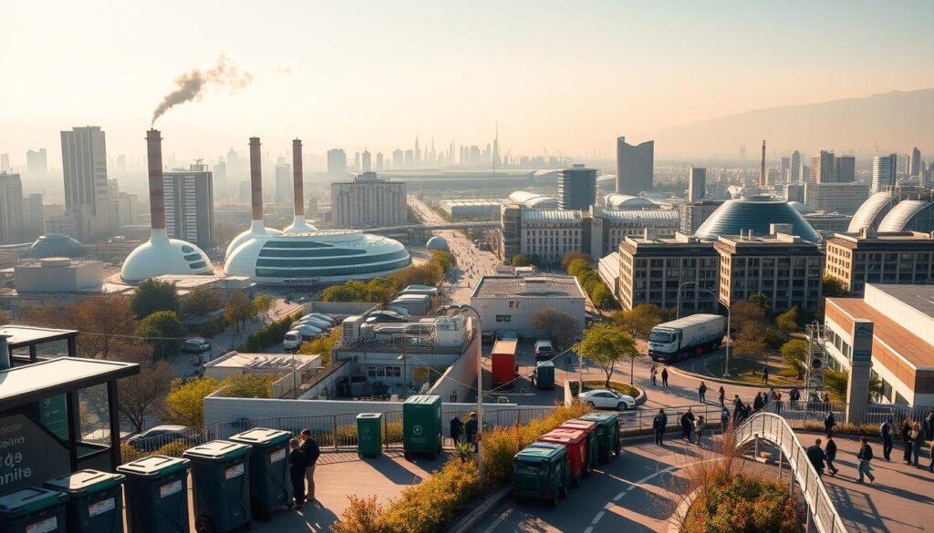 A panoramic view of a bustling urban landscape, depicting global government initiatives for waste reduction. In the foreground, sleek recycling bins and sorting stations line the streets, with citizens actively participating in the recycling process. The middle ground showcases modern waste-to-energy facilities, their towering chimneys emitting plumes of clean steam against a backdrop of high-rise office buildings and residential complexes. In the distance, solar-powered waste management plants and cutting-edge composting facilities can be seen, showcasing the integrated, sustainable approach to waste management. The scene is bathed in warm, golden sunlight, conveying a sense of progress and environmental consciousness. A 50mm lens captures the scene, highlighting the scale and scope of these global initiatives.