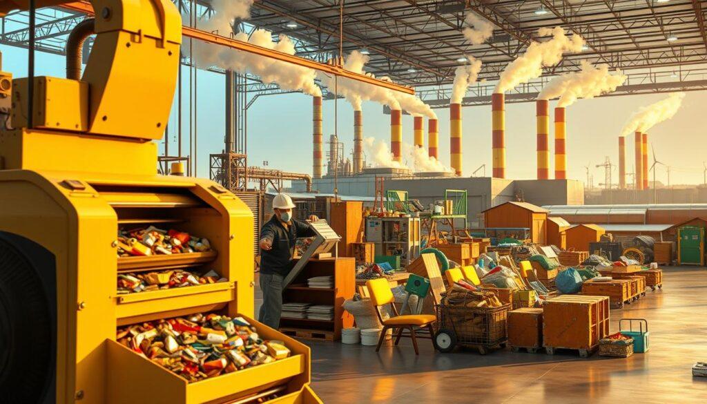 A scene depicting the benefits of advanced recycling technology. In the foreground, a worker operates a high-tech sorting machine, efficiently separating recyclable materials. The middle ground features a colorful array of repurposed products, from upcycled furniture to 3D-printed household items. In the background, a gleaming factory powered by renewable energy sources, with smokestacks emitting only clean steam. The lighting is warm and inviting, conveying a sense of progress and environmental responsibility. Crisp, detailed textures and a dynamic camera angle showcase the innovative techniques that are revolutionizing the recycling industry.