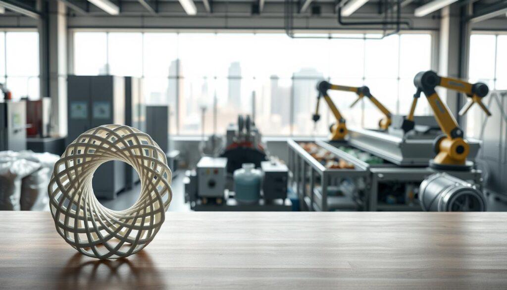 A sleek, contemporary industrial setting featuring various examples of circular economy innovation. In the foreground, a 3D-printed product made from recycled materials takes center stage, its intricate design reflecting the principles of sustainable design. In the middle ground, an automated recycling line sorts and processes different waste streams, with robotic arms efficiently handling the materials. In the background, a large window offers a glimpse of a bustling city skyline, symbolizing the integration of these innovative practices into the urban landscape. The lighting is bright and clean, highlighting the technological advancements and the environmentally conscious ethos of the space. A sleek, contemporary industrial setting featuring various examples of circular economy innovation. In the foreground, a 3D-printed product made from recycled materials takes center stage, its intricate design reflecting the principles of sustainable design. In the middle ground, an automated recycling line sorts and processes different waste streams, with robotic arms efficiently handling the materials. In the background, a large window offers a glimpse of a bustling city skyline, symbolizing the integration of these innovative practices into the urban landscape. The lighting is bright and clean, highlighting the technological advancements and the environmentally conscious ethos of the space.