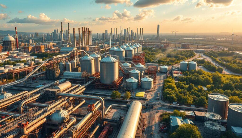A sprawling cityscape, its skyline dotted with gleaming towers and smokestacks, represents the intersection of waste technology and the circular economy. In the foreground, a complex web of pipes, conveyor belts, and processing machinery symbolize the intricate systems that transform waste into valuable resources. Towering silos and storage tanks stand as monuments to the efficient storage and distribution of reclaimed materials. The middle ground features bustling activity, with workers navigating the intricate choreography of waste collection, sorting, and recycling. In the background, lush greenery and renewable energy installations suggest a harmonious integration of sustainable practices. The scene is bathed in a warm, golden light, conveying a sense of progress and optimism as the circular economy takes hold.