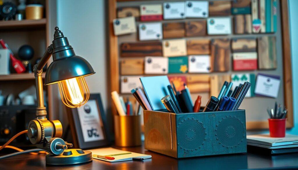 A vibrant and eclectic display of upcycled business products, showcasing the creativity and ingenuity of sustainable entrepreneurs. In the foreground, a desk lamp crafted from repurposed machine parts casts a warm, ambient glow. In the middle ground, a sleek organizer fashioned from recycled materials holds various office supplies. In the background, a bulletin board displays an array of unique business cards made from reclaimed wood and fabric scraps. The overall scene conveys a sense of resourcefulness, innovation, and a commitment to environmental responsibility, perfectly capturing the essence of "Creative Ideas for Businesses".