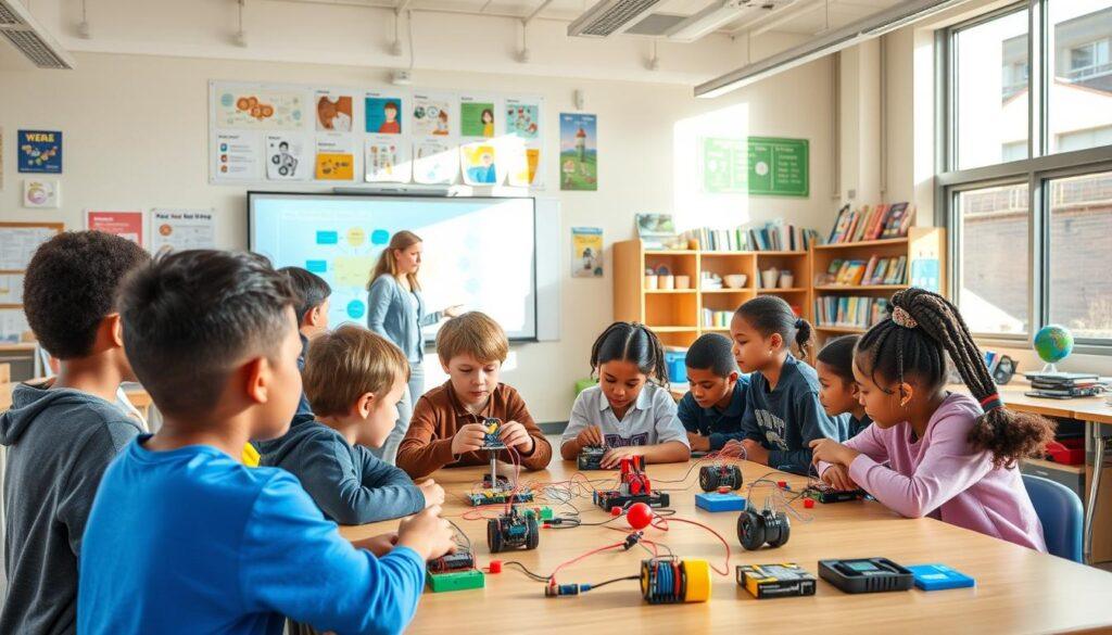 A vibrant and engaging educational program set in a modern, well-equipped classroom. In the foreground, a diverse group of students, ages 8-12, are actively engaged in a hands-on STEM project, assembling small robots or electronic circuits. The middle ground features an enthusiastic teacher, guiding the students with an interactive presentation projected on a large, interactive whiteboard. The background showcases an array of educational posters, informative wall displays, and shelves stocked with learning resources. Bright, natural lighting streams in through large windows, creating an airy and energetic atmosphere conducive to discovery and exploration. The overall mood is one of excitement, curiosity, and a passion for learning.
