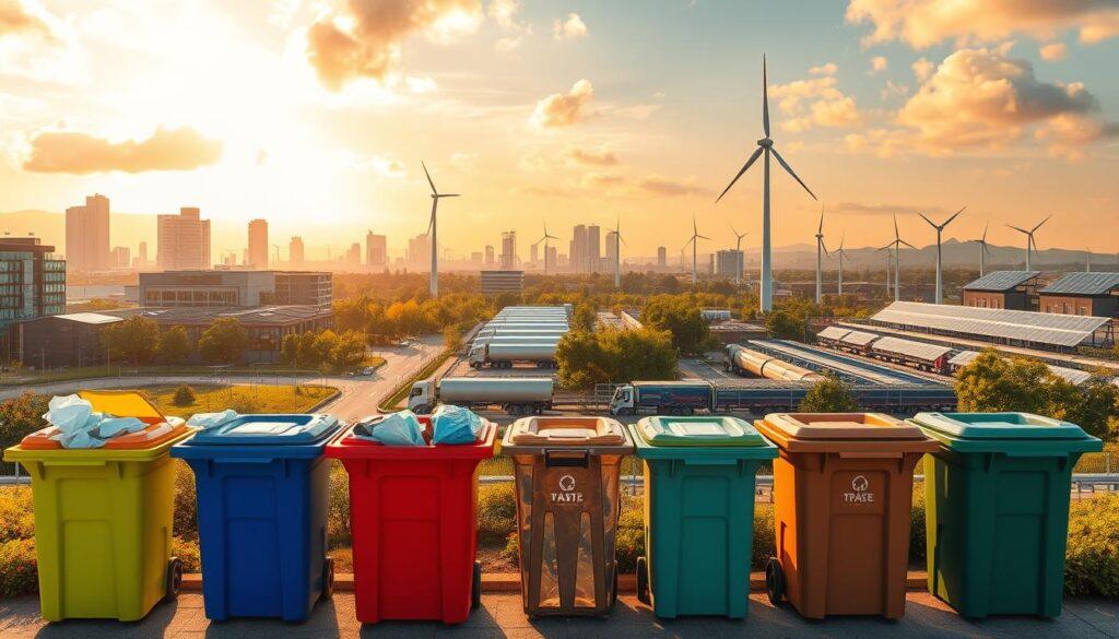 A vibrant circular economy landscape showcasing the benefits of sustainable waste management. In the foreground, a series of brightly colored recycling bins, each representing a different waste stream - paper, plastic, glass, and metal. Behind them, a bustling cityscape with modern, eco-friendly buildings and lush green spaces. The sky is bathed in warm, golden light, casting a serene glow over the scene. In the middle ground, a network of trucks and conveyors efficiently transporting and processing the recycled materials. In the background, a towering wind turbine and solar panels, symbolizing the renewable energy powering the entire system. The overall atmosphere conveys a sense of harmony, efficiency, and environmental responsibility. A vibrant circular economy landscape showcasing the benefits of sustainable waste management. In the foreground, a series of brightly colored recycling bins, each representing a different waste stream - paper, plastic, glass, and metal. Behind them, a bustling cityscape with modern, eco-friendly buildings and lush green spaces. The sky is bathed in warm, golden light, casting a serene glow over the scene. In the middle ground, a network of trucks and conveyors efficiently transporting and processing the recycled materials. In the background, a towering wind turbine and solar panels, symbolizing the renewable energy powering the entire system. The overall atmosphere conveys a sense of harmony, efficiency, and environmental responsibility.