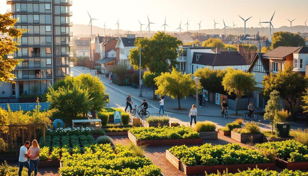 A vibrant cityscape of sustainable urban living, bathed in warm morning light. In the foreground, a community garden blooms with lush greenery, people tending to their plots. Nearby, a gleaming solar-powered apartment complex rises, its sleek facade reflecting the surrounding architecture. In the middle ground, pedestrians and cyclists navigate tree-lined streets, passing by eco-friendly shops and cafes. In the distance, wind turbines dot the skyline, generating renewable energy for the thriving, self-sufficient neighborhood. The scene conveys a harmonious blend of nature, technology, and community, illustrating the possibilities of sustainable urban living.