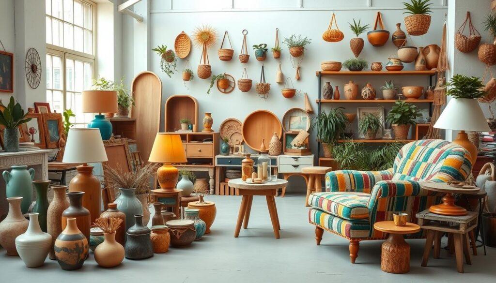 A vibrant collection of upcycled items arranged in a well-lit, airy studio setting. In the foreground, an assortment of repurposed household objects like vases, lamps, and picture frames crafted from recycled materials. The middle ground showcases a variety of whimsical furniture pieces, such as an end table made from salvaged wood and a chair upholstered with colorful fabric scraps. The background features shelves displaying an array of unique, handmade decorative accents - from woven baskets to hanging plant holders - all crafted from sustainable, recycled components. The overall scene emanates a sense of creativity, resourcefulness, and environmental consciousness.