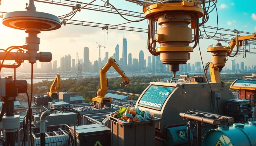 Intricate network of smart waste management tools, capturing the essence of a sustainable future. In the foreground, sleek sensors and IoT devices monitor waste levels and optimize collection routes. In the middle ground, robotic arms sort and process recyclables with precision, while automated compactors efficiently manage non-recyclable waste. In the background, a futuristic city skyline, powered by renewable energy, sets the stage for a harmonious integration of technology and environmentalism. Illuminated by warm, natural lighting, the scene conveys a sense of innovation and progress, inspiring a greener, smarter approach to waste management.