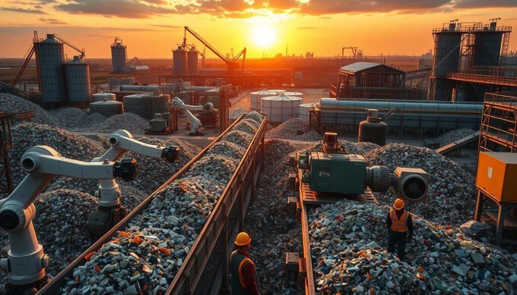 Sprawling waste processing facility, bustling with activity. A towering industrial landscape, bathed in warm, amber hues of a setting sun. In the foreground, robotic arms meticulously sort and sift through a conveyor belt of recyclables, while workers in protective gear oversee the intricate process. The middle ground reveals rows of compactors and shredders, their mechanical rhythms reverberating through the air. In the background, towering silos and storage tanks loom, a testament to the scale of modern waste management. The scene conveys a sense of efficiency, innovation, and the relentless drive to transform waste into valuable resources.