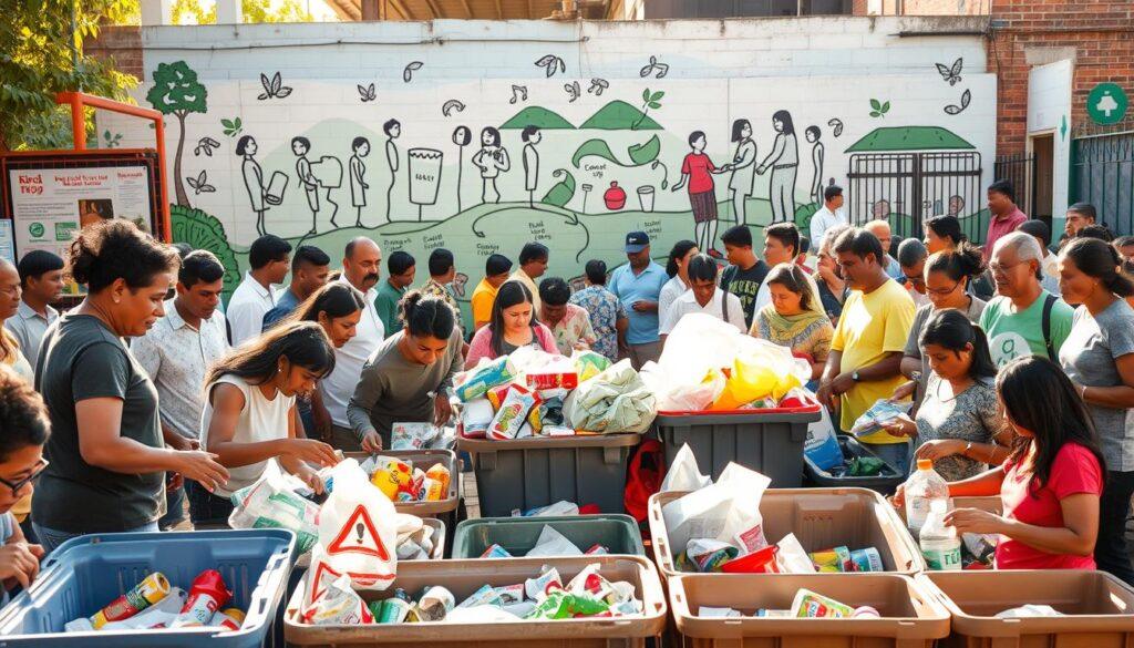 Vibrant community gathering, people of all ages engaged in recycling activities. Foreground features enthusiastic volunteers sorting and separating materials at a centralized collection point, surrounded by bins and signage. Middle ground shows a diverse group of residents contributing to the effort, talking and collaborating. In the background, a mural depicting the recycling process and environmental benefits adds a visually striking element. Warm, natural lighting illuminates the scene, creating a sense of energy and optimism. The composition emphasizes the collaborative spirit and shared responsibility for sustainable waste management within the neighborhood. Vibrant community gathering, people of all ages engaged in recycling activities. Foreground features enthusiastic volunteers sorting and separating materials at a centralized collection point, surrounded by bins and signage. Middle ground shows a diverse group of residents contributing to the effort, talking and collaborating. In the background, a mural depicting the recycling process and environmental benefits adds a visually striking element. Warm, natural lighting illuminates the scene, creating a sense of energy and optimism. The composition emphasizes the collaborative spirit and shared responsibility for sustainable waste management within the neighborhood.