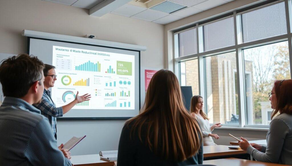 a classroom setting with a teacher and students analyzing data visualizations on a projector screen, depicting various metrics and statistics related to waste reduction initiatives in an educational institution. The teacher is gesturing towards the screen, engaged in a discussion with the students. The classroom has large windows letting in natural light, creating a bright and airy atmosphere. The students are taking notes, immersed in the presentation. The overall mood is one of collaboration, learning, and a sense of progress in achieving waste reduction goals.