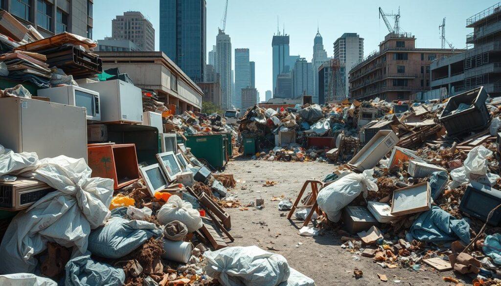 an urban landscape filled with piles of discarded waste, from overflowing dumpsters to scattered litter on the streets. In the foreground, crumpled plastic bags, abandoned appliances, and a tangle of decaying organic matter create a grim and unsanitary scene. The middle ground reveals a chaotic mix of discarded furniture, broken glass, and rusty metal, all casting long shadows under the harsh midday sun. In the background, towering skyscrapers and dilapidated buildings loom, a testament to the challenges of managing waste in a densely populated urban environment. The overall atmosphere is one of neglect and environmental degradation, highlighting the critical need for effective zero-waste strategies to address this pressing issue.