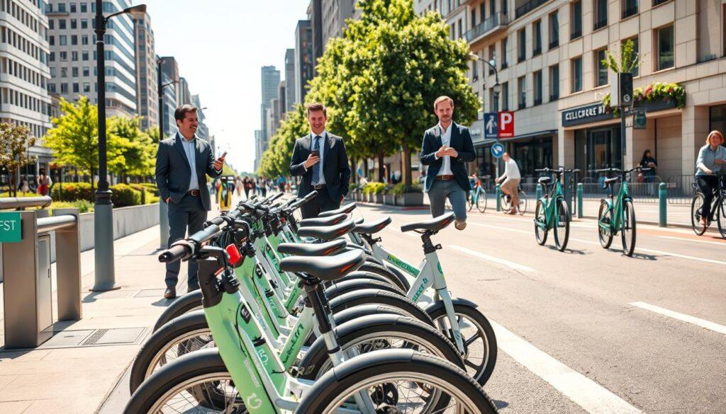 A bustling urban street scene showcasing vibrant micromobility business models. In the foreground, several e-bikes and electric scooters are parked neatly beside a bike-sharing station, featuring a mix of stylish designs and eco-friendly branding. The middle ground contains professionals in business attire discussing partnership agreements, while checking apps on their smartphones to access micromobility services. In the background, protected bike lanes run alongside the road, flanked by greenery and city buildings, with pedestrians enjoying a clean, bike-friendly environment. The lighting is bright and inviting, capturing a sunny day in a modern city, reflecting an optimistic atmosphere of innovation and cooperation for sustainable transport solutions.
