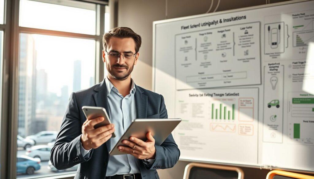 A confident fleet sustainability manager stands in a modern office environment, reviewing eco-friendly transport strategies on a digital tablet. In the foreground, the manager, dressed in professional business attire, exudes determination and focus. The middle ground features a large window showcasing a city skyline with electric vehicles and charging stations below, symbolizing green transportation innovation. The background includes a whiteboard filled with diagrams of fleet optimization and environmental impact assessments. The scene is illuminated by soft, natural light streaming in, creating a warm and optimistic atmosphere. The angle is slightly elevated, capturing both the manager’s engagement and the bustling city outside, emphasizing the transition to sustainable career paths in transportation.