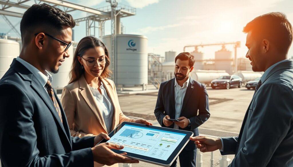 A detailed and sophisticated image illustrating a "hydrogen project development playbook". In the foreground, depict a diverse group of professionals in smart business attire collaborating over a large digital tablet displaying project diagrams and charts. In the middle ground, include elements like a blueprint of a hydrogen fueling station, charts showing risk assessment, siting options, and partnering strategies. In the background, illustrate a modern industrial landscape with hydrogen tanks and fuel cell vehicles, showcasing innovation in mobility. Use bright, natural lighting to convey a sense of optimism and forward-thinking progress. Capture from a slightly elevated angle to provide a comprehensive view, evoking a mood of collaboration and strategic planning in the hydrogen sector. A detailed and sophisticated image illustrating a "hydrogen project development playbook". In the foreground, depict a diverse group of professionals in smart business attire collaborating over a large digital tablet displaying project diagrams and charts. In the middle ground, include elements like a blueprint of a hydrogen fueling station, charts showing risk assessment, siting options, and partnering strategies. In the background, illustrate a modern industrial landscape with hydrogen tanks and fuel cell vehicles, showcasing innovation in mobility. Use bright, natural lighting to convey a sense of optimism and forward-thinking progress. Capture from a slightly elevated angle to provide a comprehensive view, evoking a mood of collaboration and strategic planning in the hydrogen sector.