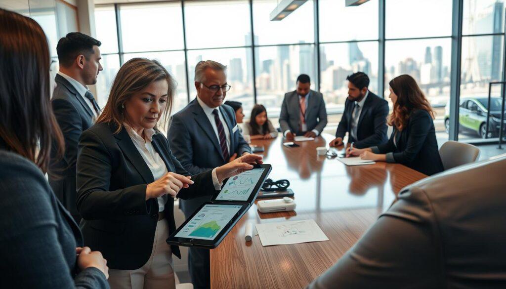 A diverse group of professionals engaged in a discussion about Zero Emission Vehicle (ZEV) mandates in a modern office environment. In the foreground, a middle-aged woman in smart business attire is pointing to a digital tablet displaying infographics about green transportation policies. Beside her, a young man in a suit takes notes, with a thoughtful expression on his face. The middle layer showcases a large conference table surrounded by people of various ethnicities, collaborating and exchanging ideas. In the background, large windows let in bright, natural light, revealing a city skyline with electric vehicles in motion outside. The atmosphere is focused and dynamic, conveying urgency and the importance of regulatory affairs in driving sustainable transportation advancements. A diverse group of professionals engaged in a discussion about Zero Emission Vehicle (ZEV) mandates in a modern office environment. In the foreground, a middle-aged woman in smart business attire is pointing to a digital tablet displaying infographics about green transportation policies. Beside her, a young man in a suit takes notes, with a thoughtful expression on his face. The middle layer showcases a large conference table surrounded by people of various ethnicities, collaborating and exchanging ideas. In the background, large windows let in bright, natural light, revealing a city skyline with electric vehicles in motion outside. The atmosphere is focused and dynamic, conveying urgency and the importance of regulatory affairs in driving sustainable transportation advancements.