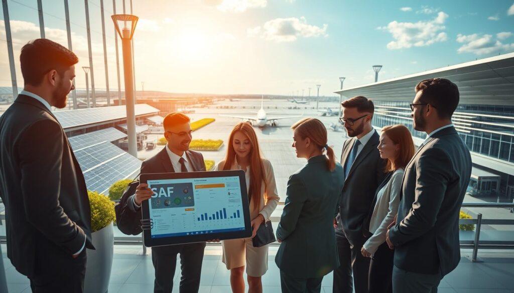 A futuristic airport scene showcasing a sustainable aviation fuel (SAF) book-and-claim system. In the foreground, a diverse group of professionals in business attire discuss plans around a digital tablet displaying SAF project data. The middle ground features an impressive airport terminal with solar panels and lush greenery, symbolizing sustainability. In the background, aircraft powered by green technology are visible on the runway. Golden sunlight filters through the terminal's large glass windows, creating a warm and hopeful atmosphere. The perspective is from slightly above, capturing the bustling energy of the airport while focusing on collaboration in the SAF initiative, emphasizing innovation and teamwork.