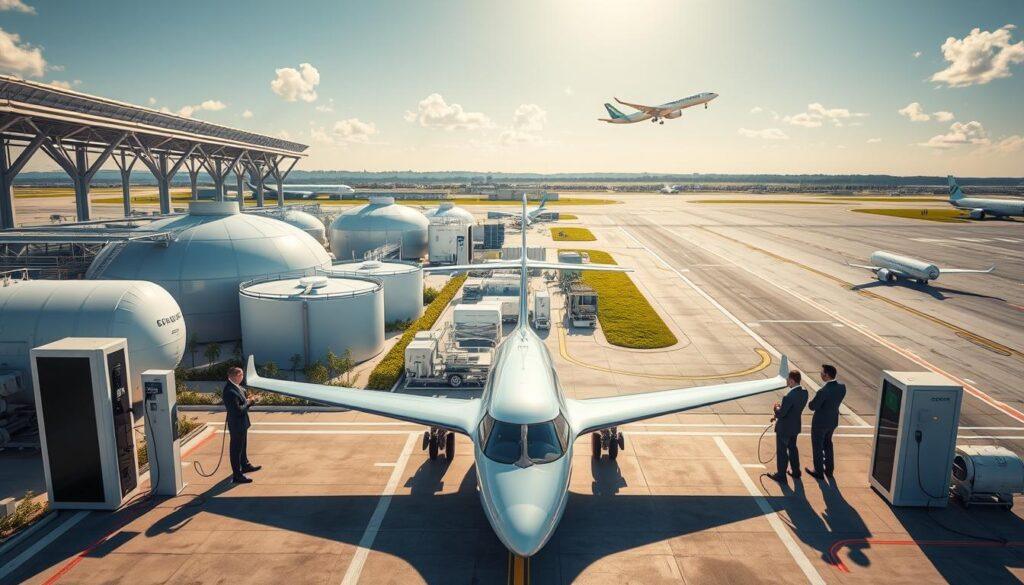 A modern airport infrastructure designed for sustainable aviation, featuring advanced storage facilities for Sustainable Aviation Fuel (SAF) and electric aircraft charging stations. In the foreground, a sleek electric aircraft is being charged at a charging station, with professionals in business attire overseeing the operations. The middle section showcases eco-friendly fueling tanks and blending systems, surrounded by greenery and solar panels. In the background, a busy runway with a blend of electric and conventional aircraft taking off. The scene is illuminated by bright, natural sunlight, casting dynamic shadows. The atmosphere is vibrant and forward-thinking, reflecting a commitment to sustainability and innovation in aviation infrastructure.