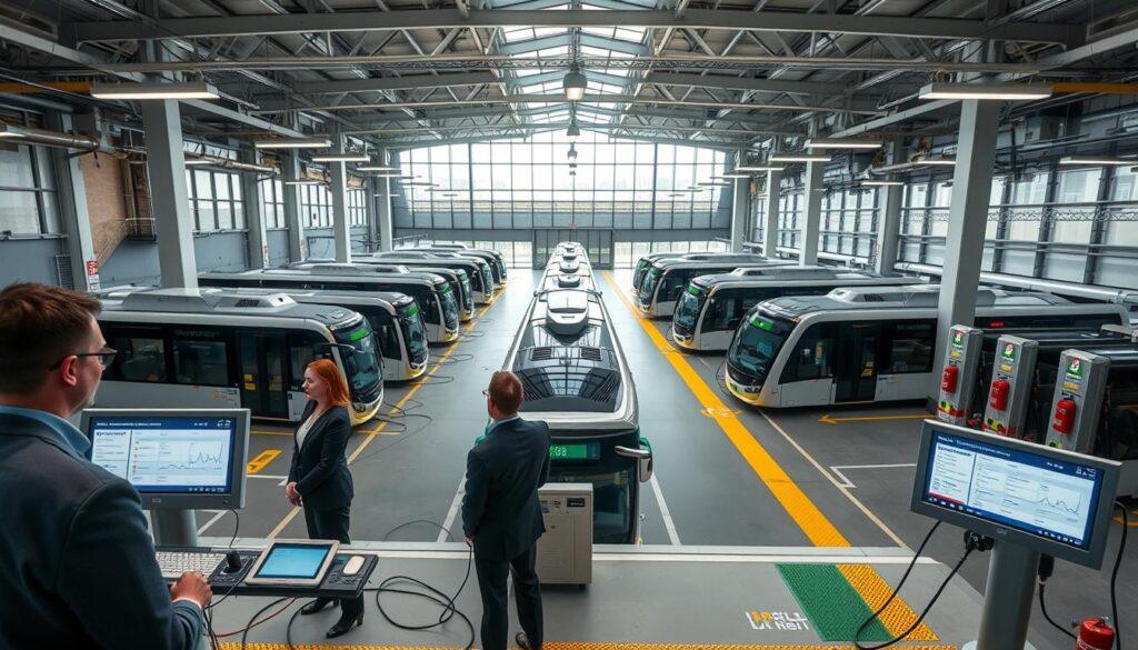 A modern depot charging infrastructure for electric buses and trains, showcasing a spacious layout filled with multiple high-tech charging stations. In the foreground, professional staff members in business attire monitor charging equipment with screens displaying energy metrics. The middle ground features sleek electric buses and trains parked in designated areas, with charging cables visibly connected to them. The background includes a well-designed facility with abundant natural light pouring through large windows, illuminated ambient lighting that gives a modern feel. Safety features such as fire extinguishers and clearly marked emergency exits can be seen throughout. The overall atmosphere is efficient and organized, reflecting a forward-thinking approach to transportation and energy management. The scene is captured from a slightly elevated angle to emphasize the depth and layout of the facility.