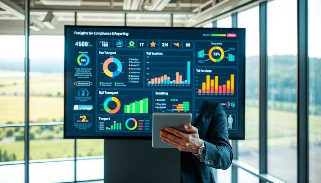A modern freight compliance reporting dashboard, showcasing interactive graphs and charts depicting zero-emission truck metrics, rail transport data, and port operations efficiency. In the foreground, a professional business analyst wearing smart business attire is engaged in data review, using a sleek tablet. In the middle, a large digital screen displays colorful visualizations and real-time compliance metrics, with elements like pie charts and bar graphs. The background features a bright, open office environment with large windows allowing natural light to flood in, contrasting with soft ambient lighting. The atmosphere conveys focus and innovation, emphasizing a commitment to sustainability and compliance in freight operations. A panoramic view through the windows reveals a green landscape, reinforcing the theme of environmental responsibility. A modern freight compliance reporting dashboard, showcasing interactive graphs and charts depicting zero-emission truck metrics, rail transport data, and port operations efficiency. In the foreground, a professional business analyst wearing smart business attire is engaged in data review, using a sleek tablet. In the middle, a large digital screen displays colorful visualizations and real-time compliance metrics, with elements like pie charts and bar graphs. The background features a bright, open office environment with large windows allowing natural light to flood in, contrasting with soft ambient lighting. The atmosphere conveys focus and innovation, emphasizing a commitment to sustainability and compliance in freight operations. A panoramic view through the windows reveals a green landscape, reinforcing the theme of environmental responsibility.