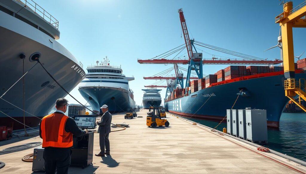 A modern port scene featuring advanced shore power infrastructure, showcasing a series of large, sleek cargo vessels docked at the terminal, connected to clearly visible power cables. In the foreground, professional workers in business attire are monitoring screens and managing operations, emphasizing teamwork and efficiency. The middle section highlights cargo handling equipment like electric forklifts and automated cranes, emphasizing their role in sustainable operations. In the background, a microgrid system is integrated with solar panels and wind turbines, illustrating renewable energy sources powering the port. The atmosphere is bright and dynamic, with clear blue skies, natural light illuminating the scene, and a sense of innovation and progress permeating the setting. Capture this scene from a slight overhead angle to provide a comprehensive view of the port's infrastructure. A modern port scene featuring advanced shore power infrastructure, showcasing a series of large, sleek cargo vessels docked at the terminal, connected to clearly visible power cables. In the foreground, professional workers in business attire are monitoring screens and managing operations, emphasizing teamwork and efficiency. The middle section highlights cargo handling equipment like electric forklifts and automated cranes, emphasizing their role in sustainable operations. In the background, a microgrid system is integrated with solar panels and wind turbines, illustrating renewable energy sources powering the port. The atmosphere is bright and dynamic, with clear blue skies, natural light illuminating the scene, and a sense of innovation and progress permeating the setting. Capture this scene from a slight overhead angle to provide a comprehensive view of the port's infrastructure.