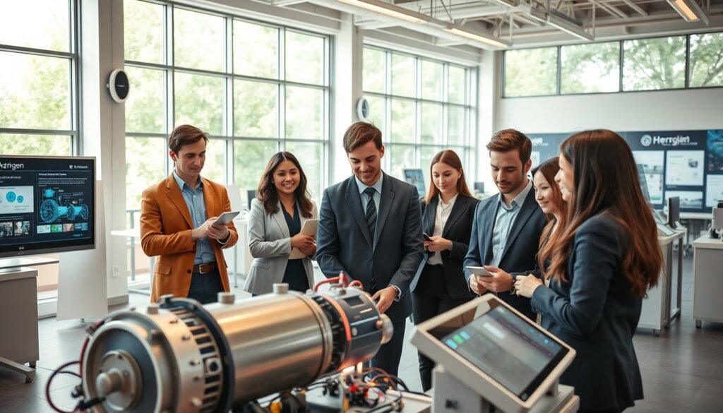 A modern training facility focused on hydrogen mobility careers, set in an open, well-lit space filled with advanced fuel cell technology and educational materials. In the foreground, a diverse group of young adults in professional business attire engage in a hands-on training session, examining a fuel cell prototype. The middle ground features training stations equipped with interactive displays demonstrating hydrogen technology applications. In the background, large windows allow natural light to flood the room, with greenery visible outside, conveying an atmosphere of innovation and sustainability. The scene has warm, inviting lighting, accentuating a sense of collaboration and excitement about future career pathways in hydrogen mobility. The image is captured from a slightly elevated angle to showcase the dynamic interaction among learners. A modern training facility focused on hydrogen mobility careers, set in an open, well-lit space filled with advanced fuel cell technology and educational materials. In the foreground, a diverse group of young adults in professional business attire engage in a hands-on training session, examining a fuel cell prototype. The middle ground features training stations equipped with interactive displays demonstrating hydrogen technology applications. In the background, large windows allow natural light to flood the room, with greenery visible outside, conveying an atmosphere of innovation and sustainability. The scene has warm, inviting lighting, accentuating a sense of collaboration and excitement about future career pathways in hydrogen mobility. The image is captured from a slightly elevated angle to showcase the dynamic interaction among learners.