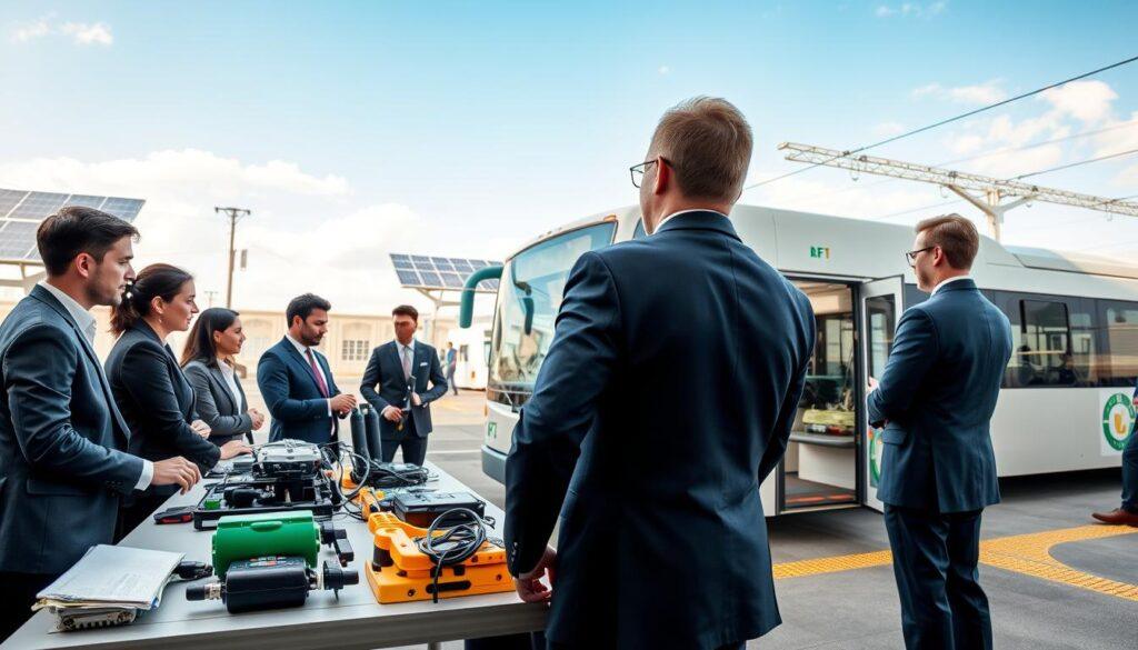 A modern training session focused on workforce development for electric transit technologies. In the foreground, a diverse group of professionals in business attire engages in hands-on training with electric bus and train systems, showcasing various tools and equipment. In the middle, a sleek electric bus is outfitted with visible charging equipment, symbolizing innovation and progress. In the background, a well-designed transit depot with solar panels and charging stations is visible, set against a clear sky to convey a bright future. Soft, natural lighting highlights the active learning environment, while a slightly elevated angle captures the collaboration and knowledge exchange, creating an atmosphere of motivation and professionalism.