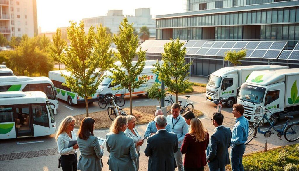 A modern urban landscape showcases the implementation of clean fleet rules, featuring various eco-friendly vehicles, such as electric buses, hybrid delivery trucks, and bicycles, all parked neatly together in a dedicated green zone. In the foreground, a diverse group of professionals in business attire are discussing vehicle specifications and standards while reviewing digital tablets. The middle ground highlights trees planted alongside the vehicles, with solar panels in the background indicating renewable energy integration. Soft, natural lighting bathes the scene, creating an optimistic and forward-looking atmosphere, while a slight depth-of-field effect focuses on the group, creating a sense of both urgency and purpose. A modern urban landscape showcases the implementation of clean fleet rules, featuring various eco-friendly vehicles, such as electric buses, hybrid delivery trucks, and bicycles, all parked neatly together in a dedicated green zone. In the foreground, a diverse group of professionals in business attire are discussing vehicle specifications and standards while reviewing digital tablets. The middle ground highlights trees planted alongside the vehicles, with solar panels in the background indicating renewable energy integration. Soft, natural lighting bathes the scene, creating an optimistic and forward-looking atmosphere, while a slight depth-of-field effect focuses on the group, creating a sense of both urgency and purpose.