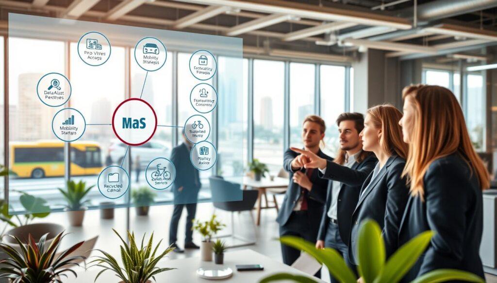 A professional, visually engaging scene depicting various MaaS (Mobility as a Service) career development pathways. In the foreground, a diverse group of individuals in professional business attire discuss and point at a digital screen showing interconnected icons representing different roles, such as data analyst, mobility strategist, and policy advisor. In the middle ground, an open-plan office space features collaborative work areas with sustainable design elements, like plants and recycled materials. In the background, large windows reveal a cityscape emphasizing eco-friendly transport options like electric buses and bike lanes. Soft, warm lighting creates an inspiring atmosphere, with a slight lens blur to focus on the group while maintaining an airy feel in the environment, suggesting growth and innovation in low-carbon mobility solutions. A professional, visually engaging scene depicting various MaaS (Mobility as a Service) career development pathways. In the foreground, a diverse group of individuals in professional business attire discuss and point at a digital screen showing interconnected icons representing different roles, such as data analyst, mobility strategist, and policy advisor. In the middle ground, an open-plan office space features collaborative work areas with sustainable design elements, like plants and recycled materials. In the background, large windows reveal a cityscape emphasizing eco-friendly transport options like electric buses and bike lanes. Soft, warm lighting creates an inspiring atmosphere, with a slight lens blur to focus on the group while maintaining an airy feel in the environment, suggesting growth and innovation in low-carbon mobility solutions.