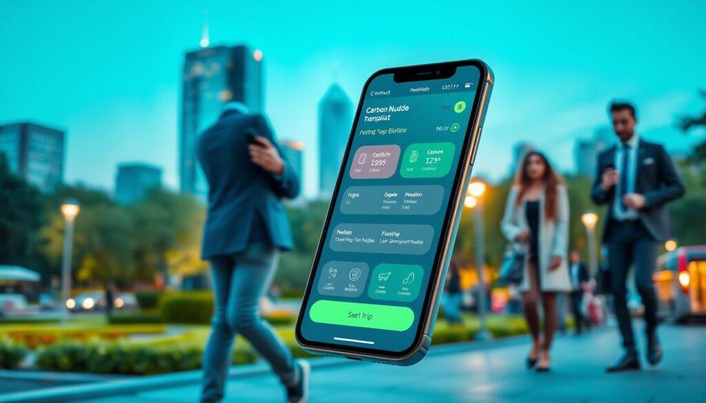 A sleek, modern mobile app interface for a carbon nudges mobility application, displayed on a smartphone. The foreground features the app open on a vibrant, user-friendly interface showcasing trip options, carbon footprint measurements, and incentives for choosing low-carbon transport modes. In the middle background, a cityscape with green parks and eco-friendly transportation options like electric buses, bikes, and walking paths emphasizes sustainability. The background includes a clear blue sky with soft, ambient lighting to evoke a positive, eco-conscious mood. The setting is bustling with professionals in smart casual attire engaging with the app, promoting a dynamic atmosphere of innovation and responsibility. The angle is slightly tilted to give depth and focus to the mobile interface while capturing the energetic city environment. A sleek, modern mobile app interface for a carbon nudges mobility application, displayed on a smartphone. The foreground features the app open on a vibrant, user-friendly interface showcasing trip options, carbon footprint measurements, and incentives for choosing low-carbon transport modes. In the middle background, a cityscape with green parks and eco-friendly transportation options like electric buses, bikes, and walking paths emphasizes sustainability. The background includes a clear blue sky with soft, ambient lighting to evoke a positive, eco-conscious mood. The setting is bustling with professionals in smart casual attire engaging with the app, promoting a dynamic atmosphere of innovation and responsibility. The angle is slightly tilted to give depth and focus to the mobile interface while capturing the energetic city environment.