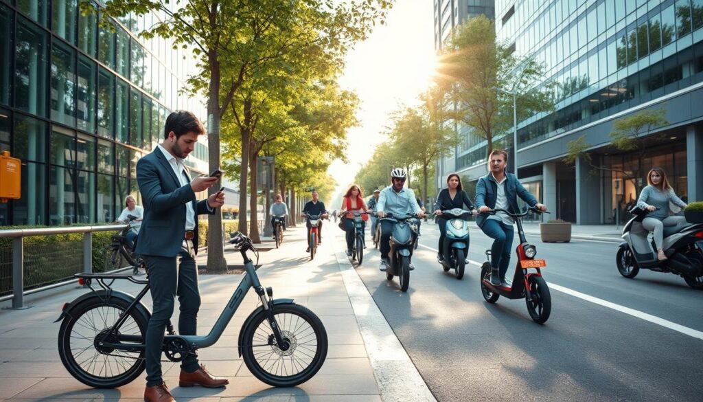 A vibrant urban scene showcasing a variety of first and last mile micromobility solutions, including e-bikes and electric scooters, alongside a dedicated protected bike lane. In the foreground, a professional individual in smart casual attire pauses next to a stylish e-bike, checking their route on a smartphone. The middle ground features a group of diverse commuters confidently riding scooters and bikes, with a backdrop of modern office buildings and greenery. Bright, natural sunlight filters through the trees, creating a lively and inviting atmosphere. The scene captures a sense of community and eco-friendliness, conveying the benefits of micromobility as a sustainable transport option. The camera angle is slightly elevated to encapsulate the bustling vibe of the area, focusing on dynamic movement and interactions between users.