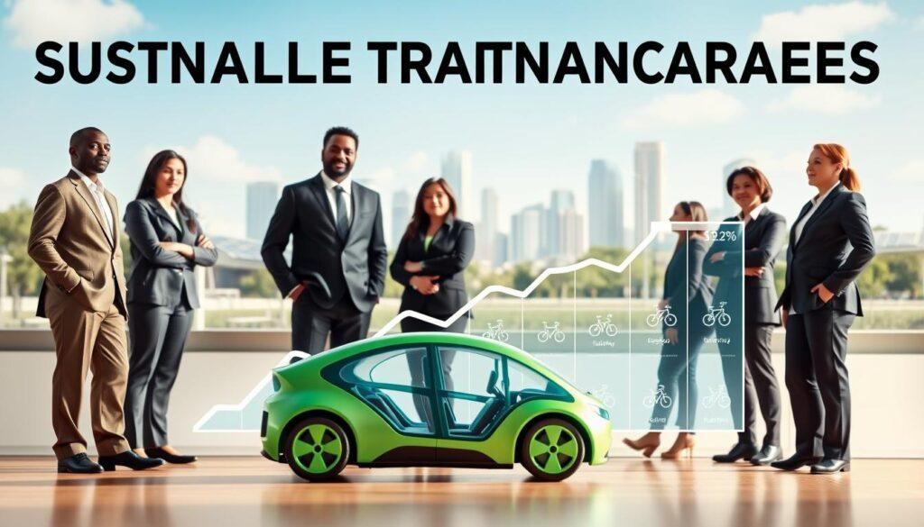A visually compelling scene depicting sustainable transportation careers focused on salary progression. In the foreground, a diverse group of professionals in business attire, including a Black man, an Asian woman, and a Hispanic individual, stand confidently around a futuristic scale model of a green vehicle, symbolizing innovation in transportation. In the middle ground, a digital salary graph emerges, presenting upward trends with icons representing various job roles within the green transportation sector. In the background, a bright, eco-friendly city skyline with solar panels and bike lanes illustrates an urban environment embracing sustainable solutions. The mood is optimistic and aspirational, illuminated by soft, natural lighting to evoke a sense of hope for the future. The angle is slightly low to emphasize the professionals' determination and the scale model's significance.