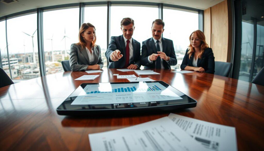A corporate boardroom scene emphasizing renewable energy procurement risks. Foreground: a polished wooden conference table with a digital tablet showing graphs related to energy procurement risks, alongside scattered papers with financial data. Middle ground: a group of three professionals in business attire, two men and one woman, engaged in a serious discussion, pointing at the tablet, indicating concern and collaboration. Background: a large window displaying a cityscape with wind turbines and solar panels visible on rooftops, symbolizing renewable energy. The lighting is bright and professional, suggesting a clear focus on sustainability and financial accountability. Capture the mood of urgency and critical analysis in this modern corporate environment, framed using a slight fisheye lens for added depth.