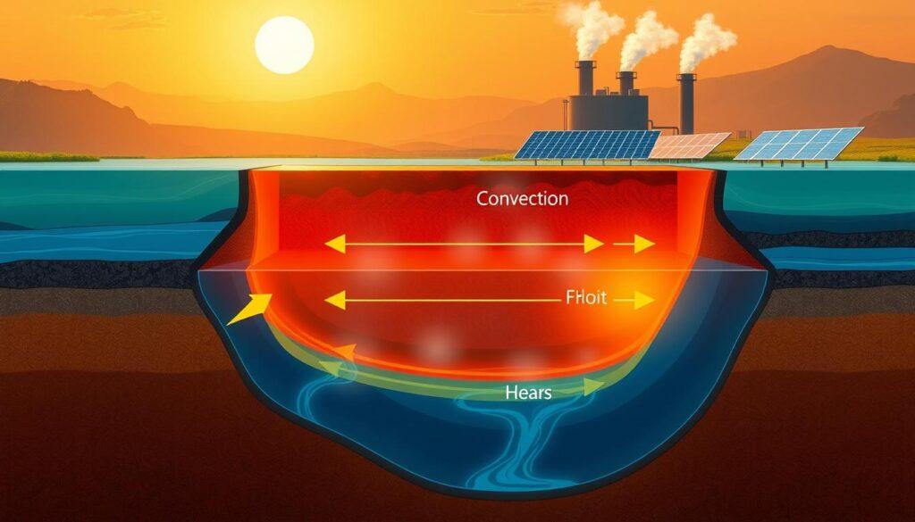 A detailed comparison illustration of convection and conduction heat transfer in Enhanced Geothermal Systems (EGS). In the foreground, showcase a cross-sectional view of the earth's layers, highlighting warm geothermal fluids circulating through rocks, with heat arrows indicating convection flows. In the middle layer, depict thin lines representing conductive heat transfer between the hot rock and the fluid, with temperature gradients marked. The background should feature a stylized geothermal plant, with steam rising and solar panels, under a golden hour sky to evoke a sense of innovation and sustainability. Use a perspective that emphasizes depth, with a warm and vibrant color palette to capture the intensity of geothermal energy. The atmosphere should feel dynamic and forward-looking, ideal for illustrating modern geothermal concepts. A detailed comparison illustration of convection and conduction heat transfer in Enhanced Geothermal Systems (EGS). In the foreground, showcase a cross-sectional view of the earth's layers, highlighting warm geothermal fluids circulating through rocks, with heat arrows indicating convection flows. In the middle layer, depict thin lines representing conductive heat transfer between the hot rock and the fluid, with temperature gradients marked. The background should feature a stylized geothermal plant, with steam rising and solar panels, under a golden hour sky to evoke a sense of innovation and sustainability. Use a perspective that emphasizes depth, with a warm and vibrant color palette to capture the intensity of geothermal energy. The atmosphere should feel dynamic and forward-looking, ideal for illustrating modern geothermal concepts.