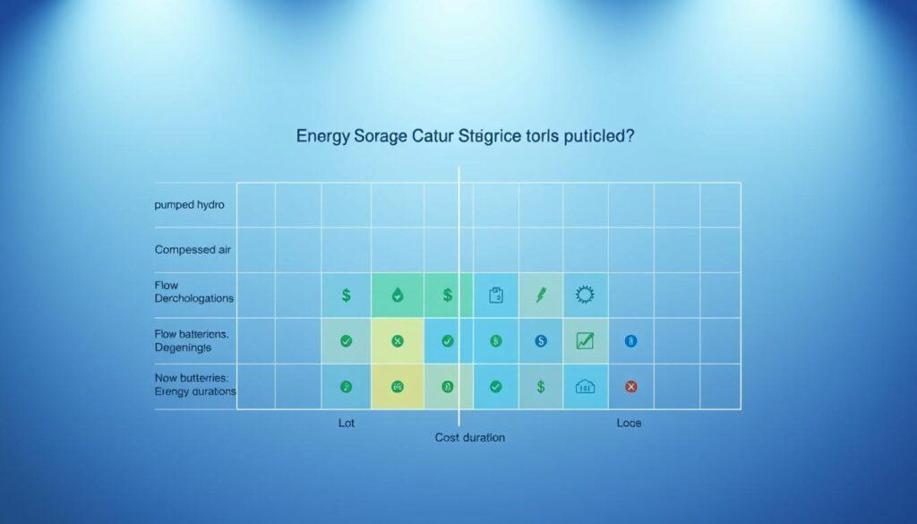 A detailed cost/fit matrix for long-duration energy storage technologies, visually represented in a clean, modern design. In the foreground, a grid layout showcases various energy storage technologies such as pumped hydro, compressed air, and flow batteries arranged by duration and cost-effectiveness. The middle layer features color-coded cells with icons representing each technology, emphasizing their suitability for different durations. The background is a gradient of blue and green, symbolizing sustainable energy, with subtle circuit patterns to convey technology and progress. The lighting is soft yet focused to enhance clarity, resembling a professional presentation or report. The atmosphere is analytical and informative, aiming to engage a technical audience.