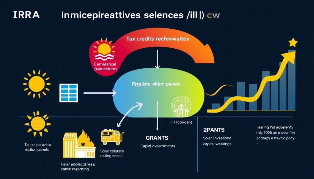 A detailed diagram illustrating IRA incentives policy for solar energy advancements, featuring three main components: tax credits, rebates, and grants. In the foreground, display bold, colorful icons representing solar technologies like tandem perovskites and HJT/TOPCon panels. The middle layer consists of flowing arrows connecting these icons to policy elements, with vibrant gradient backgrounds symbolizing growth and innovation. In the background, include stylized graphs showing upward trends in solar adoption and capital investments. The image should be brightly lit, conveying an optimistic and forward-thinking atmosphere. Use a clear, professional layout resembling an infographic, and ensure no text or annotations are present.