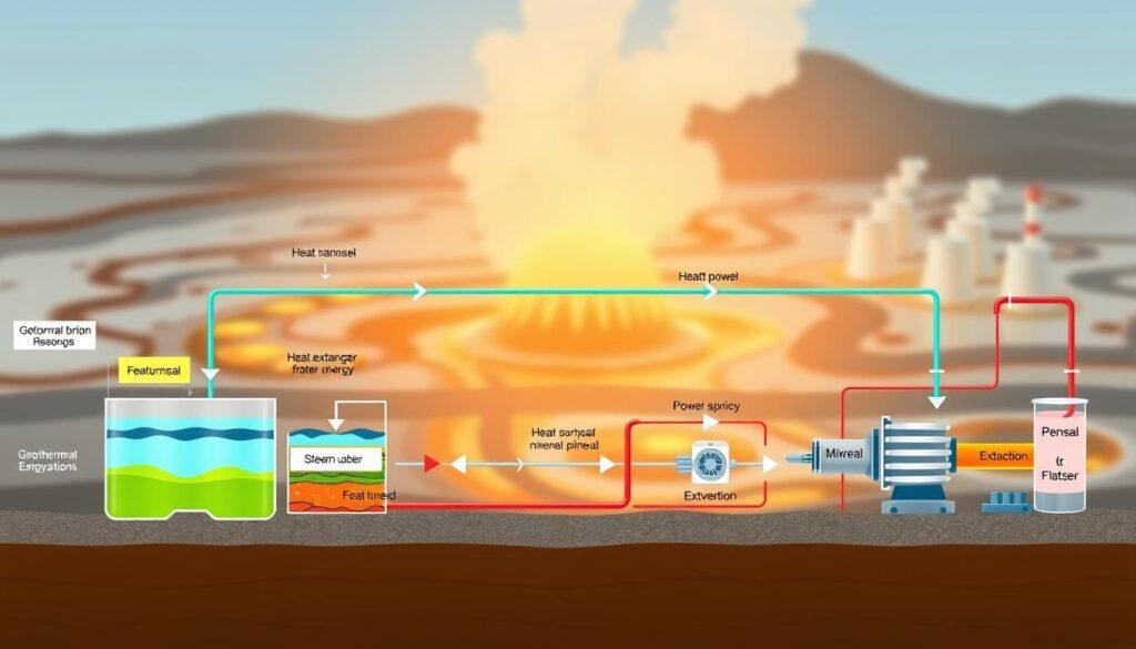 A detailed energy balance diagram showcasing brine management in geothermal energy systems. The foreground presents vibrant and clearly labeled components: geothermal brine reservoirs, heat exchangers, and steam turbines, illustrating the flow of energy. The middle layer features a balanced flow of arrows indicating heat transfer, power generation, and mineral extraction. The background should depict an abstract representation of geothermal energy sources, such as hot springs and geothermal plants, softly illuminated by warm light to convey warmth and energy. Use a clear, technical illustration style with sharp lines and distinct colors to enhance readability, ensuring a professional and educational atmosphere. The diagram should not include any text, labels, or distractions, focusing solely on the complex relationships within the heat, power, and steam balance. A detailed energy balance diagram showcasing brine management in geothermal energy systems. The foreground presents vibrant and clearly labeled components: geothermal brine reservoirs, heat exchangers, and steam turbines, illustrating the flow of energy. The middle layer features a balanced flow of arrows indicating heat transfer, power generation, and mineral extraction. The background should depict an abstract representation of geothermal energy sources, such as hot springs and geothermal plants, softly illuminated by warm light to convey warmth and energy. Use a clear, technical illustration style with sharp lines and distinct colors to enhance readability, ensuring a professional and educational atmosphere. The diagram should not include any text, labels, or distractions, focusing solely on the complex relationships within the heat, power, and steam balance.