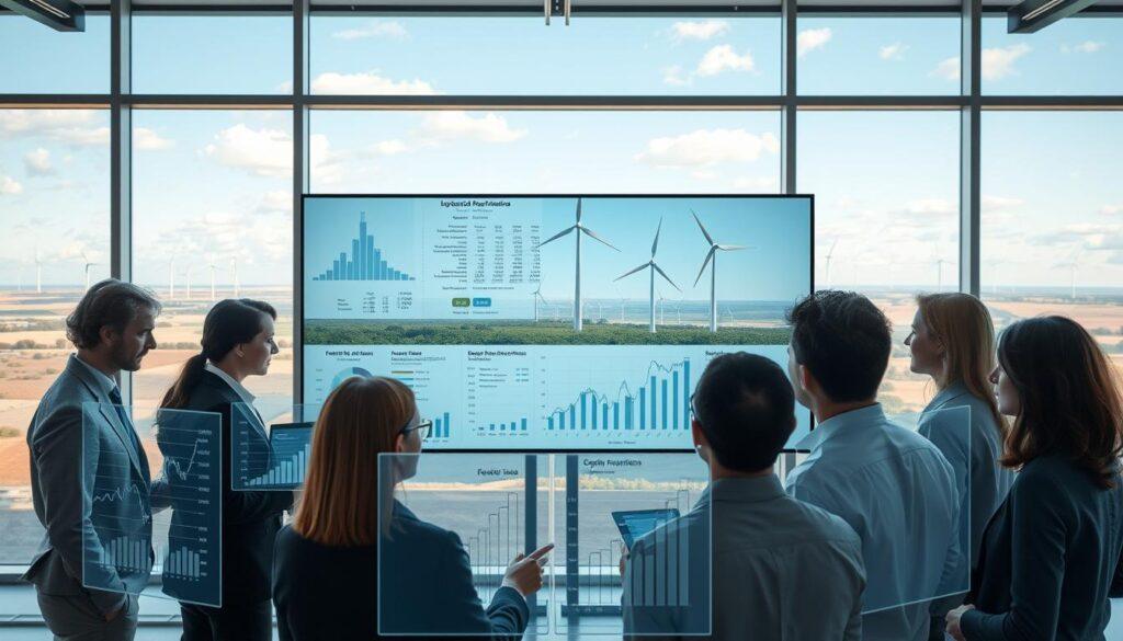 A detailed financial analysis of wind repowering strategies, visually represented in a modern office environment. In the foreground, a diverse group of professionals in business attire examines holographic displays of financial graphs and wind turbine specifications. The middle layer features a large digital screen showcasing detailed charts, spreadsheets, and images of upgraded wind turbines with taller towers. The background includes large windows revealing a serene landscape dotted with wind farms under a clear blue sky. Soft, natural lighting filters through the windows, creating a bright and optimistic atmosphere. This composition emphasizes the economic implications of advanced wind technology, blending innovation with professionalism. Ideal for an image that illustrates the financial aspects of wind repowering strategies. A detailed financial analysis of wind repowering strategies, visually represented in a modern office environment. In the foreground, a diverse group of professionals in business attire examines holographic displays of financial graphs and wind turbine specifications. The middle layer features a large digital screen showcasing detailed charts, spreadsheets, and images of upgraded wind turbines with taller towers. The background includes large windows revealing a serene landscape dotted with wind farms under a clear blue sky. Soft, natural lighting filters through the windows, creating a bright and optimistic atmosphere. This composition emphasizes the economic implications of advanced wind technology, blending innovation with professionalism. Ideal for an image that illustrates the financial aspects of wind repowering strategies.
