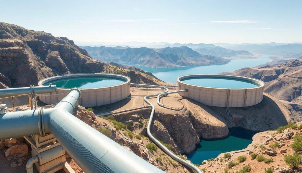 A detailed illustration of a closed-loop reservoir system designed for pumped storage, showcasing two large, interconnected reservoirs situated on a mountainous terrain. In the foreground, highlight the entry and exit points of water pipes, meticulously labeled. The middle ground features the two reservoirs reflecting natural blue water under a bright, clear sky, surrounded by rugged landscapes and green vegetation. The background presents distant mountains, emphasizing the ruggedness of the environment. Use soft, natural lighting to create a serene atmosphere, with shadows that reflect the time of day as mid-afternoon. The perspective should be slightly elevated, providing a comprehensive view of the system while maintaining a clean, technical aesthetic, free of any text or annotations. A detailed illustration of a closed-loop reservoir system designed for pumped storage, showcasing two large, interconnected reservoirs situated on a mountainous terrain. In the foreground, highlight the entry and exit points of water pipes, meticulously labeled. The middle ground features the two reservoirs reflecting natural blue water under a bright, clear sky, surrounded by rugged landscapes and green vegetation. The background presents distant mountains, emphasizing the ruggedness of the environment. Use soft, natural lighting to create a serene atmosphere, with shadows that reflect the time of day as mid-afternoon. The perspective should be slightly elevated, providing a comprehensive view of the system while maintaining a clean, technical aesthetic, free of any text or annotations.