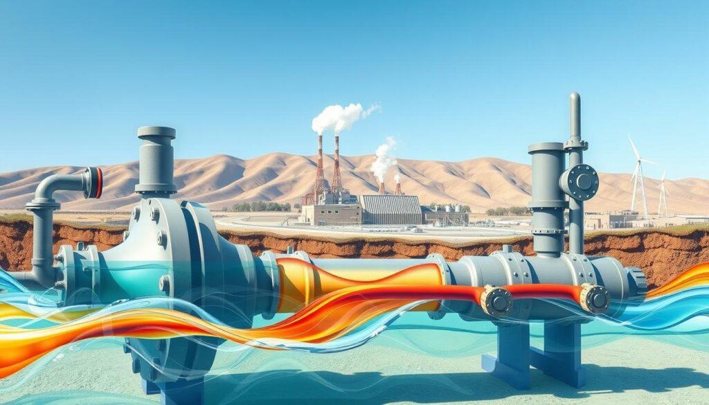 A detailed illustration of the geothermal working fluids and heat exchange process. In the foreground, showcase a large heat exchanger with pipes and valves, surrounded by various colorful fluids representing geothermal working fluids like water, brine, and refrigerants in motion. In the middle ground, depict a geothermal power plant with steam rising, emphasizing the connection to closed-loop systems. In the background, visualize a hillside with geothermal wells, set against a clear blue sky. Use soft, natural lighting to create a clean and informative atmosphere, with close-up angles that highlight the intricate details of the machinery. The mood is technical and educational, aiming to convey the science behind geothermal energy efficiently. A detailed illustration of the geothermal working fluids and heat exchange process. In the foreground, showcase a large heat exchanger with pipes and valves, surrounded by various colorful fluids representing geothermal working fluids like water, brine, and refrigerants in motion. In the middle ground, depict a geothermal power plant with steam rising, emphasizing the connection to closed-loop systems. In the background, visualize a hillside with geothermal wells, set against a clear blue sky. Use soft, natural lighting to create a clean and informative atmosphere, with close-up angles that highlight the intricate details of the machinery. The mood is technical and educational, aiming to convey the science behind geothermal energy efficiently.