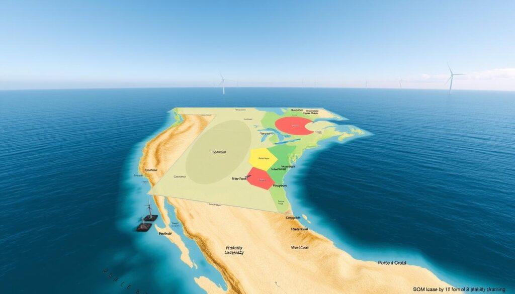 A detailed map of BOEM lease areas for offshore wind capacity planning, showcasing designated zones along the West Coast. In the foreground, include stylized icons representing floating wind turbines, depicted in a technical yet vibrant style. The middle layer should show a topographic view of coastal waters with marked lease boundaries, color-coded sections for various capacity levels, and overlays of wind currents. The background should depict a serene ocean horizon under a clear blue sky, evoking a sense of potential and sustainability. Soft, natural lighting illuminates the scene, enhancing clarity. Use a wide-angle perspective to capture the expansiveness of the ocean and the scale of the lease areas, conveying an atmosphere of innovation and progress. A detailed map of BOEM lease areas for offshore wind capacity planning, showcasing designated zones along the West Coast. In the foreground, include stylized icons representing floating wind turbines, depicted in a technical yet vibrant style. The middle layer should show a topographic view of coastal waters with marked lease boundaries, color-coded sections for various capacity levels, and overlays of wind currents. The background should depict a serene ocean horizon under a clear blue sky, evoking a sense of potential and sustainability. Soft, natural lighting illuminates the scene, enhancing clarity. Use a wide-angle perspective to capture the expansiveness of the ocean and the scale of the lease areas, conveying an atmosphere of innovation and progress.