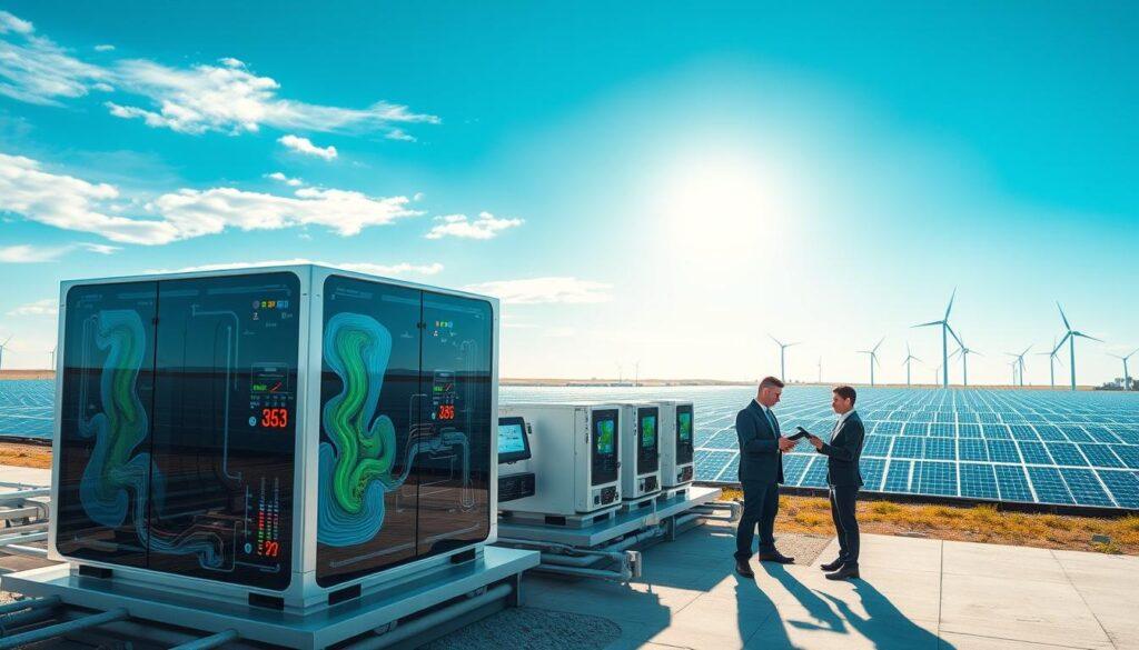 A futuristic industrial landscape showcasing advanced grid-forming flow batteries in action. In the foreground, a sleek, modular energy storage unit, prominently featuring fluid dynamics simulations on its transparent casing. The middle ground includes multiple interconnected units, with vibrant LED indicators and sophisticated control panels. Nearby, engineers in professional attire are discussing data on tablets, reflecting teamwork and innovation. The background features a sprawling solar farm under a clear blue sky, with wind turbines rotating gently. Soft sunlight casts dynamic shadows, creating an atmosphere of optimism and sustainability. Use a wide-angle lens to capture the expansive scene, emphasizing the technological advancements that support a green energy future, with a focus on clean, renewable energy sources.