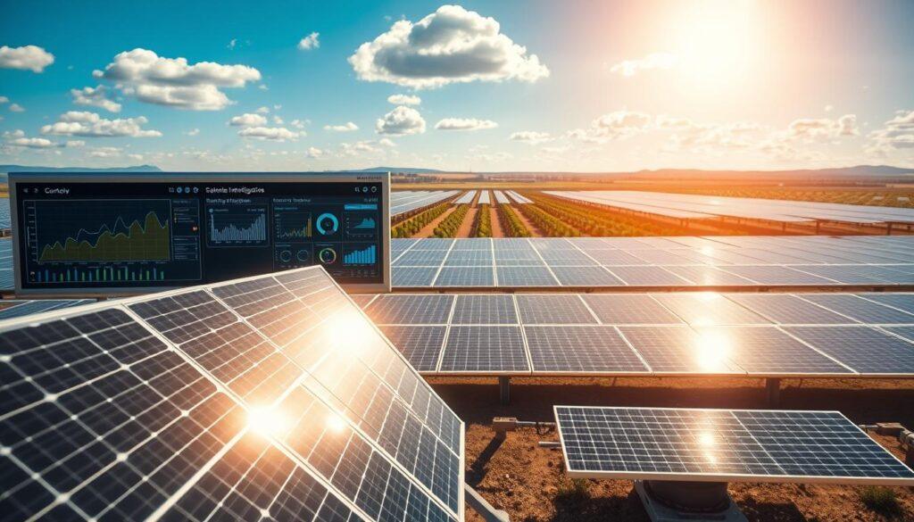 A futuristic solar monitoring intelligence scene showcasing advanced technology in a PV solar farm. In the foreground, a sleek, high-tech control station displaying real-time analytics on large screens, with graphs and data visualizations about energy production and equipment status. In the middle ground, bifacial solar panels gleam under bright sunlight, their innovative design reflecting light efficiently. Surrounding the panels, automated robotic trackers adjust their angles for optimal sunlight exposure. In the background, a panoramic view of a well-organized solar farm stretches towards the horizon, with blue skies and fluffy clouds above. The lighting is bright and crisp, conveying a sense of innovation and efficiency. The atmosphere is professional and forward-thinking, emphasizing the importance of monitoring and O&M in modern solar energy solutions. A futuristic solar monitoring intelligence scene showcasing advanced technology in a PV solar farm. In the foreground, a sleek, high-tech control station displaying real-time analytics on large screens, with graphs and data visualizations about energy production and equipment status. In the middle ground, bifacial solar panels gleam under bright sunlight, their innovative design reflecting light efficiently. Surrounding the panels, automated robotic trackers adjust their angles for optimal sunlight exposure. In the background, a panoramic view of a well-organized solar farm stretches towards the horizon, with blue skies and fluffy clouds above. The lighting is bright and crisp, conveying a sense of innovation and efficiency. The atmosphere is professional and forward-thinking, emphasizing the importance of monitoring and O&M in modern solar energy solutions.