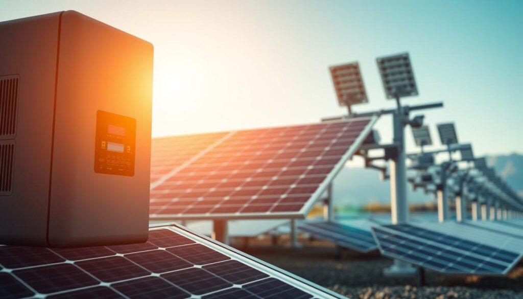 A high-efficiency solar inverter prominently displayed in the foreground, showcasing its sleek design and intricate technical details such as glowing LED indicators and cooling vents. The inverter is connected to bifacial solar panels illuminated by warm sunlight, reflecting their dual-sided efficiency. In the middle ground, include a modern solar power installation featuring solar trackers adjusting the angle of the panels. The background reveals a clear blue sky with a hint of distant mountains, creating a serene yet industrious atmosphere. Use soft, natural lighting to emphasize the innovative technology and ensure clarity of each component. Capture the image from a low angle, enhancing the grandeur of the installation while maintaining a sense of professionalism and forward-thinking in renewable energy design. A high-efficiency solar inverter prominently displayed in the foreground, showcasing its sleek design and intricate technical details such as glowing LED indicators and cooling vents. The inverter is connected to bifacial solar panels illuminated by warm sunlight, reflecting their dual-sided efficiency. In the middle ground, include a modern solar power installation featuring solar trackers adjusting the angle of the panels. The background reveals a clear blue sky with a hint of distant mountains, creating a serene yet industrious atmosphere. Use soft, natural lighting to emphasize the innovative technology and ensure clarity of each component. Capture the image from a low angle, enhancing the grandeur of the installation while maintaining a sense of professionalism and forward-thinking in renewable energy design.